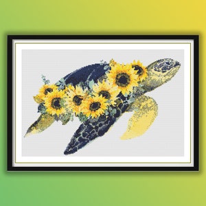 Watercolor Sea Turtle and Sunflowers Counted Cross Stitch Pattern, Marine Cross Stitch, Underwater Life, Sea Treasures, Caretta Caretta