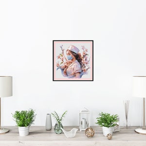 May include: A watercolour painting of a woman wearing a nurse's uniform and a face mask, standing in front of a pink and white floral background.
