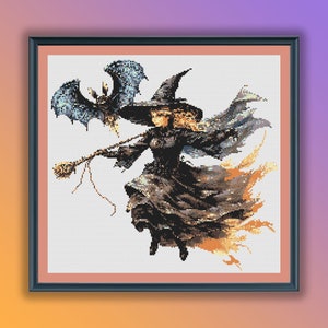 Aquarel Halloween heks en vleermuis getelde kruissteek pdf-patroon, moderne kruissteekkaart, handborduurwerk