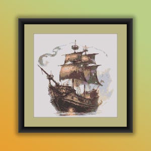 Aquarell Retro Piratenschiff Kreuzstich PDF Muster, Piraten Totenkopf, Nautik, Marine, Handstickerei, moderne Kreuzstichvorlage
