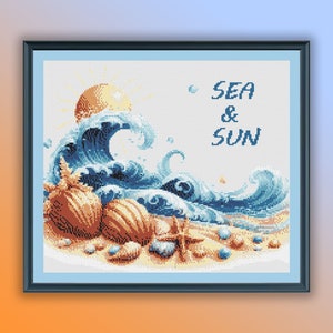 May include: Cross stitch pattern featuring a blue ocean wave with seashells and a starfish on a sandy beach. The text "SEA & SUN" is in the upper right corner.