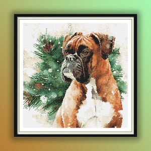 May include: A brown and white boxer dog with a green pine tree behind it. The dog is looking to the left of the image. The background is a white watercolor wash.