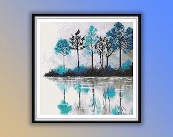 Serene Blue Forest Lake Reflection Counted Cross Stitch Pattern - Modern Watercolor Landscape PDF
