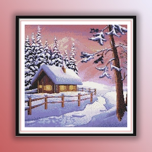 Bezauberndes Winterdorf Kreuzstichmuster: Aquarell Landschaft mit verschneiten Bäumen und Waldhäusern