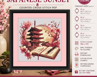 Op de afbeelding: Een kruissteekpatroon genaamd Japanese Sunset, met een pagode, kersenbloesems en een open boek met een pen. De PDF bevat 16 kleuren, 183 x 179 steken en afgewerkte formaten variërend van 46,5 x 45,5 cm tot 25,8 x 25,3 cm.