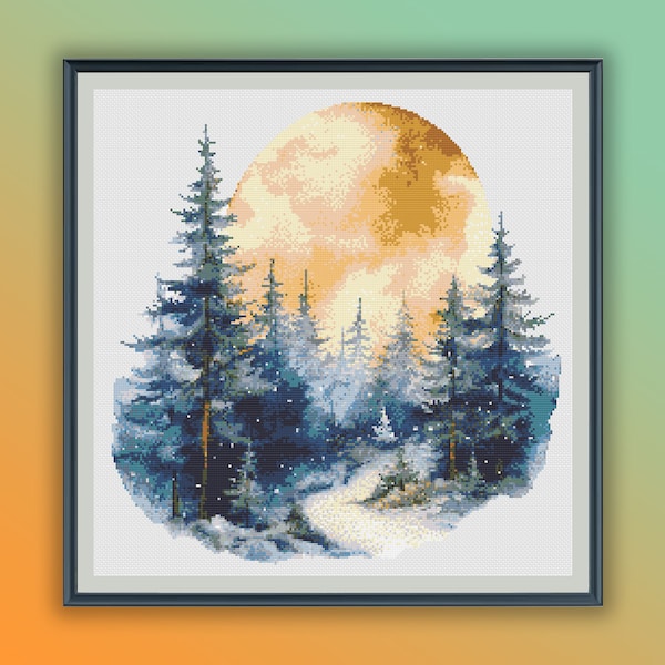 Paisaje lunar invernal encantador: Patrón de punto de cruz con bosque de pinos nevado (Descarga PDF)