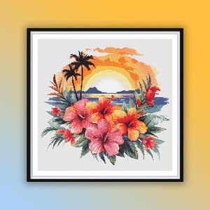 Aquarell Hawaii Sunset Landschaft Kreuzstich PDF Muster, Hibiskus Blumen, Tropische Blumen, moderne Kreuzstichvorlage