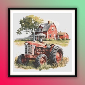 Vintage Farm Scene Cross Stitch Pattern: Watercolor Tractor, Farmhouse, Rustic Landscape PDF