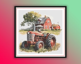 Vintage Farm Scene Cross Stitch Pattern: Watercolor Tractor, Farmhouse, Rustic Landscape PDF