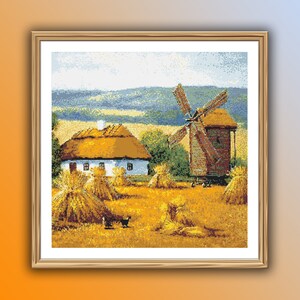 Puede incluir: Una pintura de un paisaje rural con una granja blanca, un molino de viento y pacas de heno en un campo. El cielo es azul con nubes blancas. La granja tiene un techo de paja y una cerca blanca de madera. El molino de viento está hecho de madera y tiene una pala de madera. Las pacas de heno están apiladas en una pila.