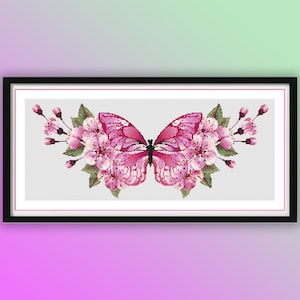 Watercolor Butterfly & Sakura Blossom Cross Stitch PDF Pattern - Colorful Spring Floral Embroidery Chart