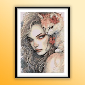 Aquarel bloemen kattenmeisje getelde kruissteek pdf-patroon, kattenliefhebber, moderne kruissteekkaart, handborduurwerk