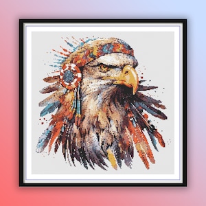Aquarel Native American Eagle getelde kruissteek pdf-patroon, handborduurwerk, moderne kruissteekkaart