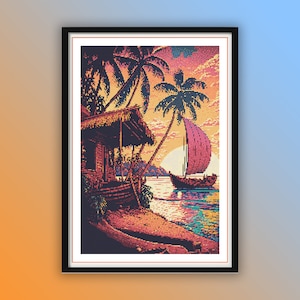 Tropical Island Sunset Cross Stitch Pattern: Watercolor Ocean Waves, Exotic Trees & Beach Landscape PDF