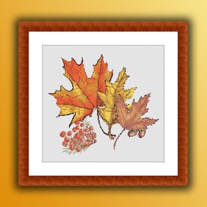 Vintage Autumn Landscape Cross Stitch Pattern: Hello Fall, Leaves & Flowers PDF Download