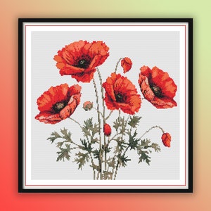 Aquarel rode papaver getelde kruissteek pdf-patroon, boeket kruissteek, bloemstuk, moderne kruissteekkaart, handborduurwerk
