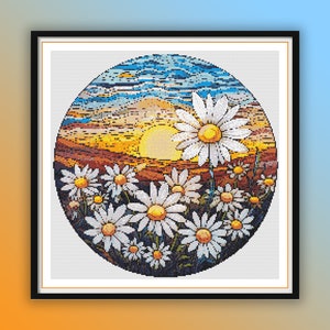 Gebrandschilderd glas-stijl Daisy Field en zonsondergang getelde kruissteek pdf-patroon, lente natuur landschap, handborduurwerk