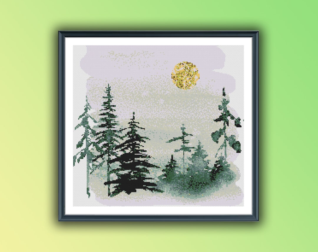 Watercolor Pine Forest and Golden Moon Counted Cross Stitch PDF Pattern ...