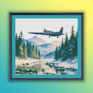 "Aquarell Winterlandschaft, PDF Muster, Schneebedeckte Berge, Wald, Berge, Fluss, Rettungsaktion, modernes Kreuzstichmuster."