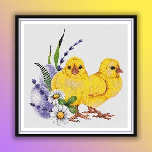 Watercolor Happy Easter Chicks and Eggs Counted Cross Stitch PDF Pattern, Easter Flowers, Easter Farm Animals, Easter Home Decor, Embroidery image 1