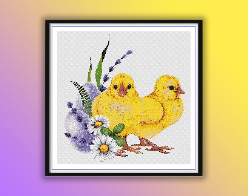 Watercolor Happy Easter Chicks and Eggs Counted Cross Stitch PDF Pattern, Easter Flowers, Easter Farm Animals, Easter Home Decor, Embroidery image 1