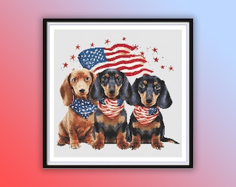 Patrón de punto de cruz de acuarela de perro salchicha patriótico - Bordado PDF del Día de la Independencia de EE. UU. del 4 de julio