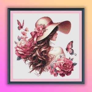 Patrón de punto de cruz contado en PDF de niña con flores y mariposas en acuarela, flores primaverales rosas, gráfico de punto de cruz moderno, bordado a mano
