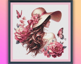 Aquarelle florale fille et papillons, point de croix compté, motif PDF, fleurs printanières roses, grille de points de croix moderne, broderie à la main