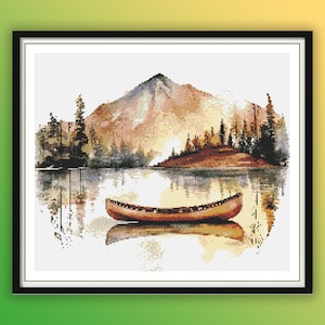 Aquarell See und Berge Landschaft Kreuzstich PDF Muster, See und Wald, Leben am See Handstickerei, modernes Kreuzstichmuster