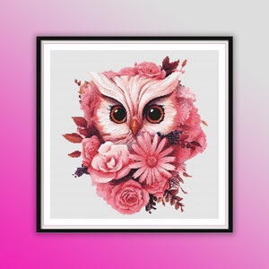 Aquarel bloemen schattige babyuil geteld kruissteek pdf-patroon, wilde bosvogels, handborduurwerk, moderne kruissteekkaart