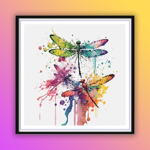 Papillons colorés, libellules aquarelle - Modèle de point de croix PDF | Couleurs de fils DMC | 200 x 200