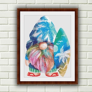Tropical Beach Gnome Counted Cross Stitch Pattern: Watercolor Hawaiian Summer Design PDF