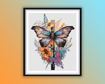 May include: A colorful butterfly with black wings and blue, purple, and orange accents is centered on a wooden cross. The cross is surrounded by a floral arrangement of orange, blue, and purple flowers.