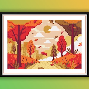 Watercolor Autumn Park Landscape Cross Stitch Pattern: Scenic Village Embroidery PDF Chart