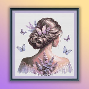 Patrón de punto de cruz en PDF de Novia en acuarela con mariposas, gráfico de punto de cruz moderno, bordado a mano
