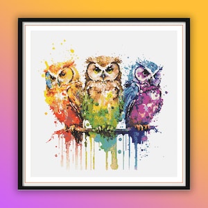 Watercolor Colorful Owls Counted Cross Stitch PDF Pattern, Wedding Owls, Valentine Birds, Modern Cross Stitch, Hand Embroidery