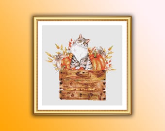 Autumn Cat and Pumpkins Counted Cross Stitch PDF Pattern, Halloween Cat, Autumn Cross Stitch, Hello Fall, Halloween Pumpkins