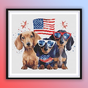May include: Three Dachshunds wearing sunglasses and a red, white, and blue bandana stand in front of an American flag with fireworks in the background.