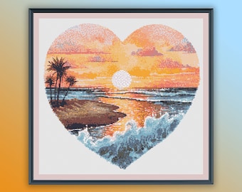 May include: A heart-shaped cross-stitch pattern depicting a sunset over a beach with palm trees and waves. The colours are orange, yellow, blue, and green.