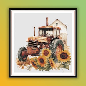 Puede incluir: Un tractor rojo oxidado con una granja blanca en el fondo, rodeado de girasoles amarillos.