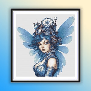 Watercolor Steampunk Fairy Cross Stitch Pattern: Blue Modern Embroidery (PDF Pattern)