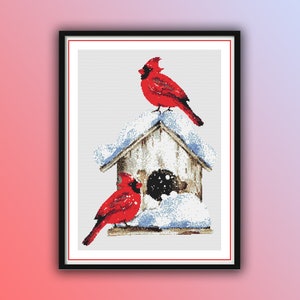 Weihnachtsvögel Kreuzstich PDF Muster, Cardinal Kreuzstich, Weihnachtsstechpalme, Handstickerei, Nadelspitze, Weihnachtsblumen