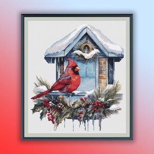 Aquarell Weihnachten Kardinal Kreuzstich PDF Muster, Weihnachtsvögel, Winter Wald, Handstickerei, moderner Kreuzstich