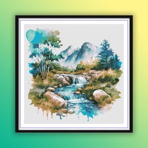 Aquarell Fluss und Berge Landschaft Kreuzstich PDF Muster, moderne Kreuzstichvorlage, Handstickerei