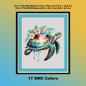 May include: Cross-stitch pattern of a sea turtle with a tropical sunset scene on its shell, framed in black. The image includes text indicating stitch counts and sizes: 12.3 x 12.0 in. and 9.6 x 9.3 in. The text also indicates 17 DMC colors.