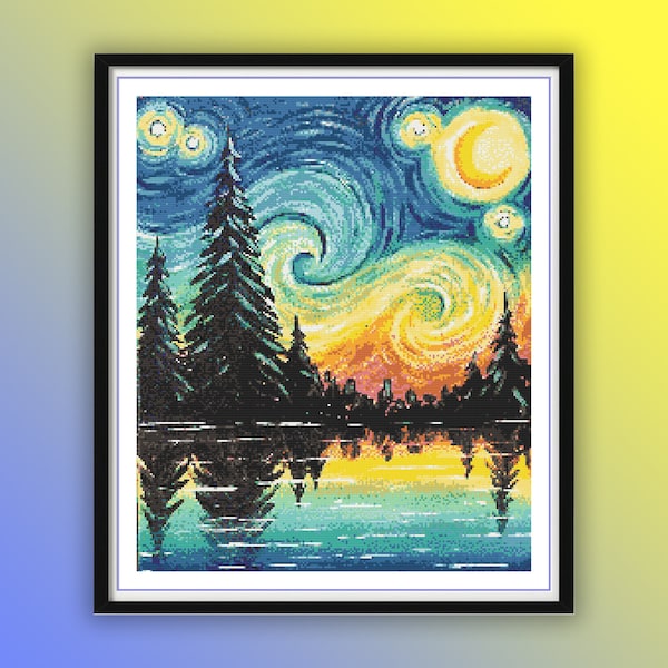 Watercolor Starry Night Forest Lake View Counted Cross Stitch PDF Pattern, Van Gogh Starry Night, Lake and Forest, Reflections On The Lake