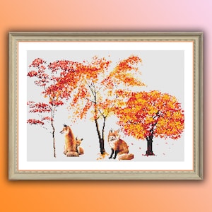 Herfst herfst boom en vossen getelde kruissteek pdf-patroon, hallo herfst kruissteek, patroon seizoenslandschappen