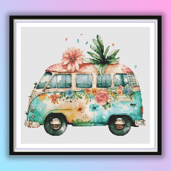 Watercolor Vintage Summer Camping Transport Counted Cross Stitch PDF Pattern, Vintage Retro Caravan, Wedding Beetle Transport, Embroidery