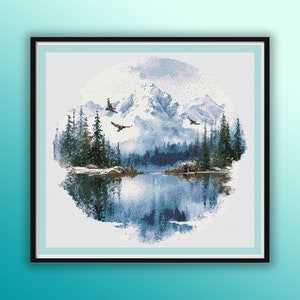 Aquarell Winter Berge und See Landschaft Kreuzstich PDF Muster, Pinienwald, Schneebedeckte Landschaft, Handstickerei