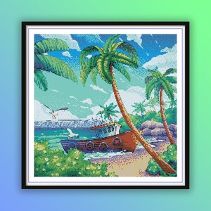 Tropical Island Paradise Cross Stitch Pattern: Watercolor Beach Scene with Ocean Waves & Exotic Trees